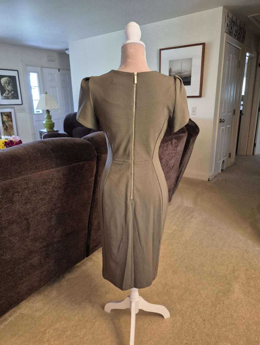 Calvin Klein Olive Green Puff Tulip Sleeve Sheath Dress Size 4 - Picture 5 of 10